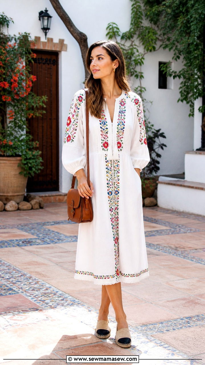 Embroidered Midi Dress With Espadrilles - 40 Destination wedding guest outfits