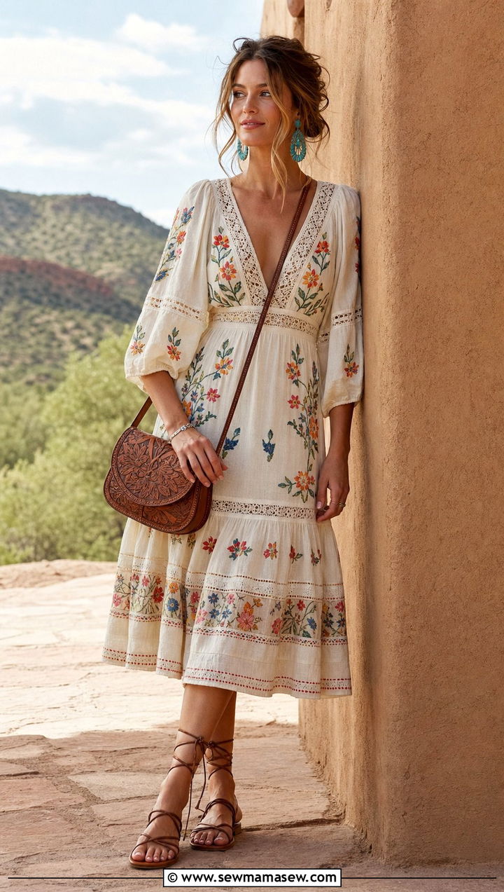 Embroidered Midi Dress With Lace Up Sandals - 35 Boho outfit ideas for wedding guest