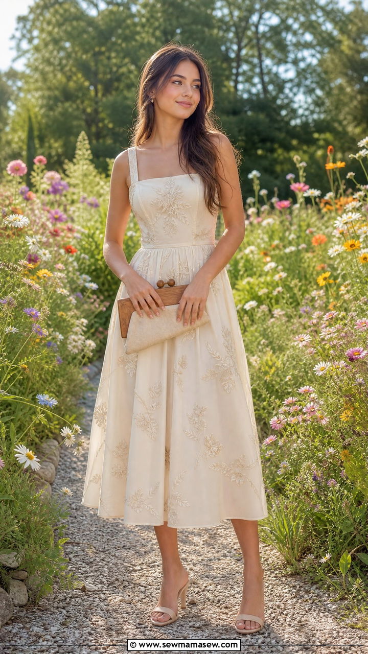 Embroidered Midi Dress With Simple Heeled Sandals - 25 Rush week outfit ideas preference night
