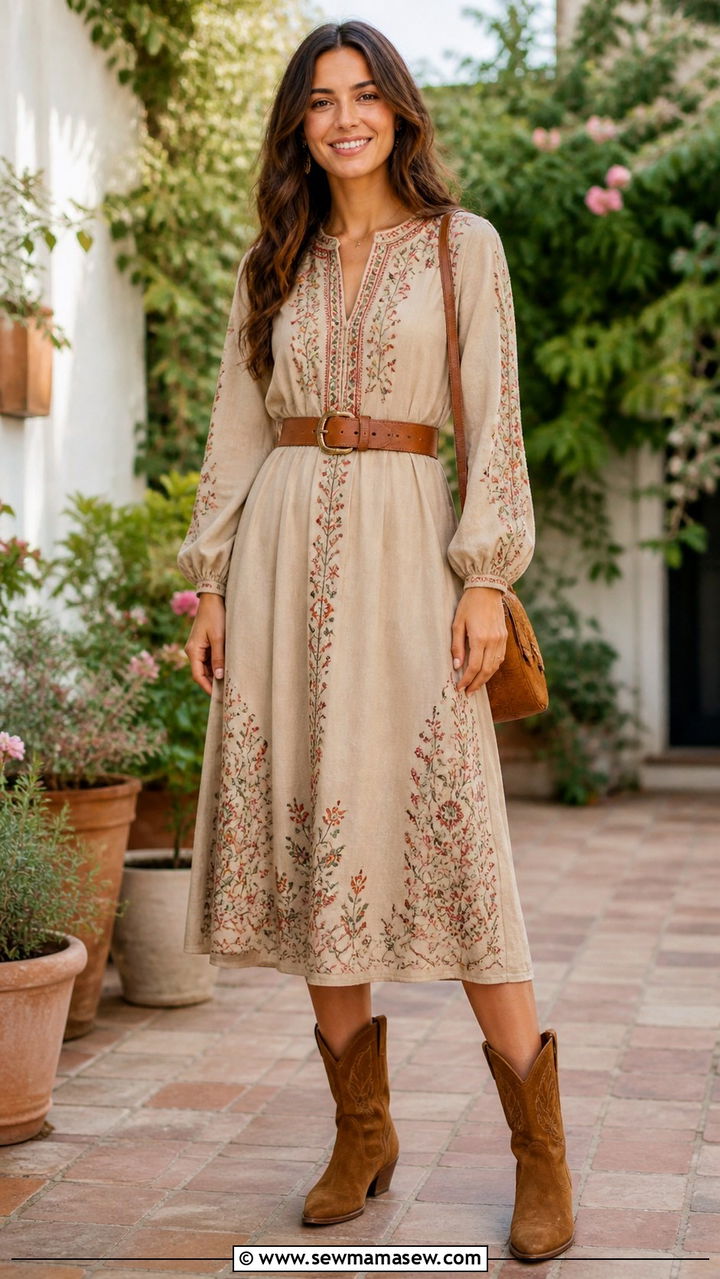 Embroidered Midi Dress With Suede Cowboy Boots - 40 summer western outfits