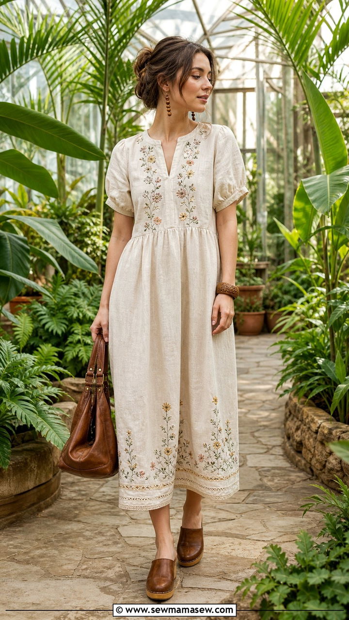 Embroidered Midi Dress and Wooden Clogs - 40 summer cottagecore outfits