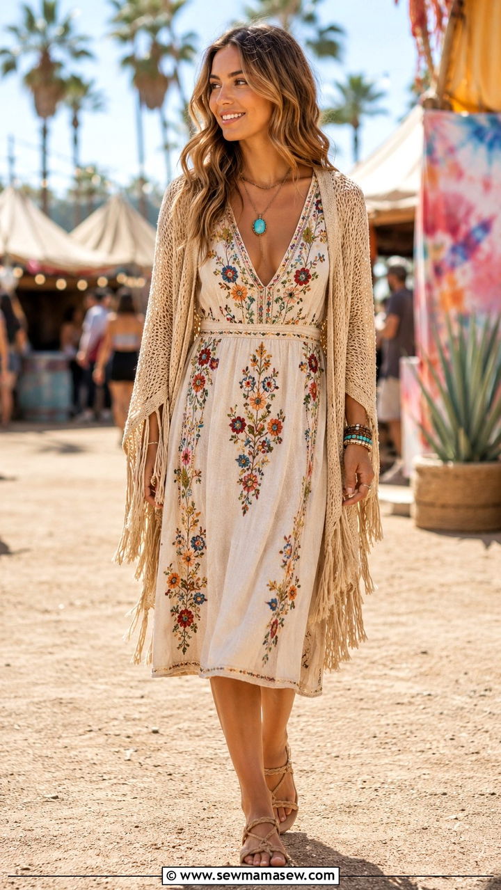 Embroidered Midi Dress with Fringed Cardigan - 30 Midi dress with cardigan outfit ideas