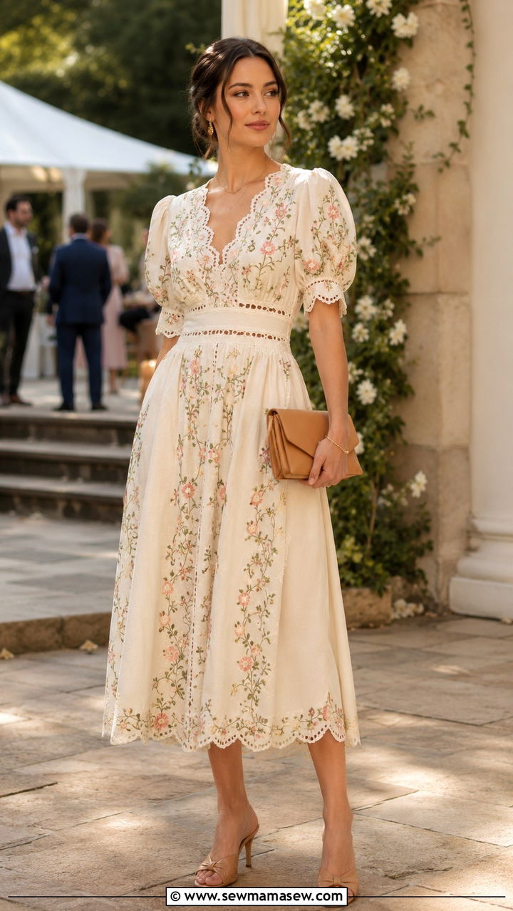 Embroidered Midi Dress with Heeled Mules - 30 Romantic spring outfit ideas