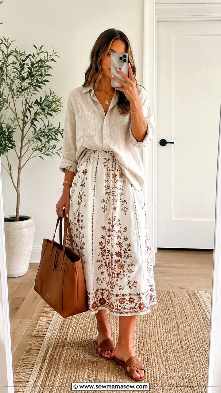 Embroidered Midi Skirt With Linen Shirt - 25 Boho outfit ideas with midi skirt