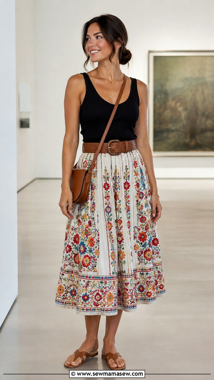 Embroidered Midi Skirt With Simple Tank Top And Wide Belt - 30 Boho outfit ideas for vacation