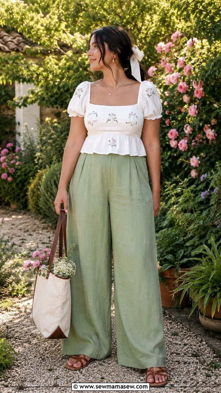 Embroidered Milkmaid Top With Wide Leg Linen Pants - 20 Cottagecore outfits for pear shape