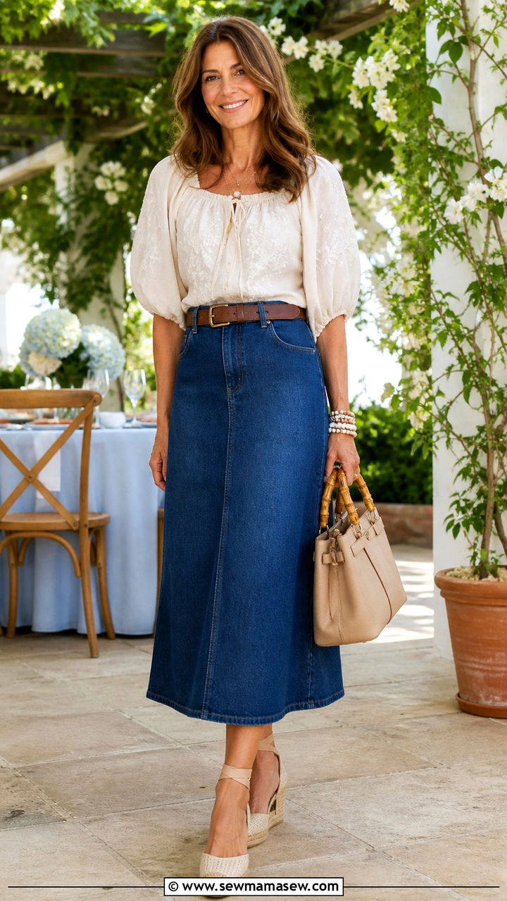Embroidered Peasant Blouse And Denim Skirt Boho Outfit - 40 boho chic outfit ideas
