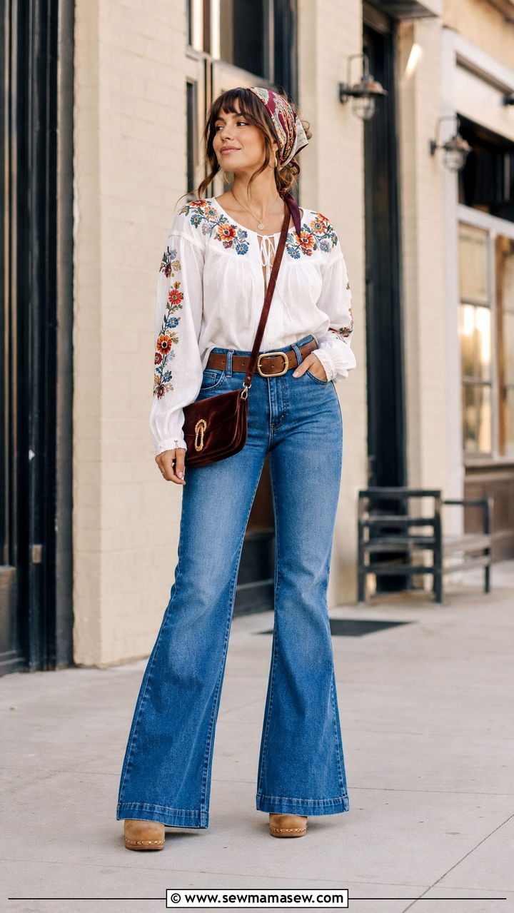 Embroidered Peasant Blouse And Flared Jeans Outfit - 25 boho chic capsule wardrobe outfits