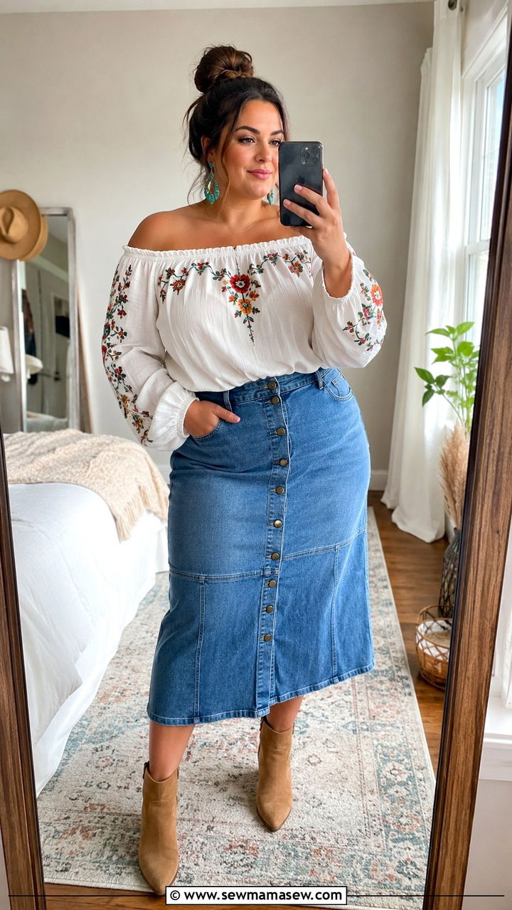 Embroidered Peasant Blouse With Denim Midi Skirt - 25 Plus size outfit ideas boho