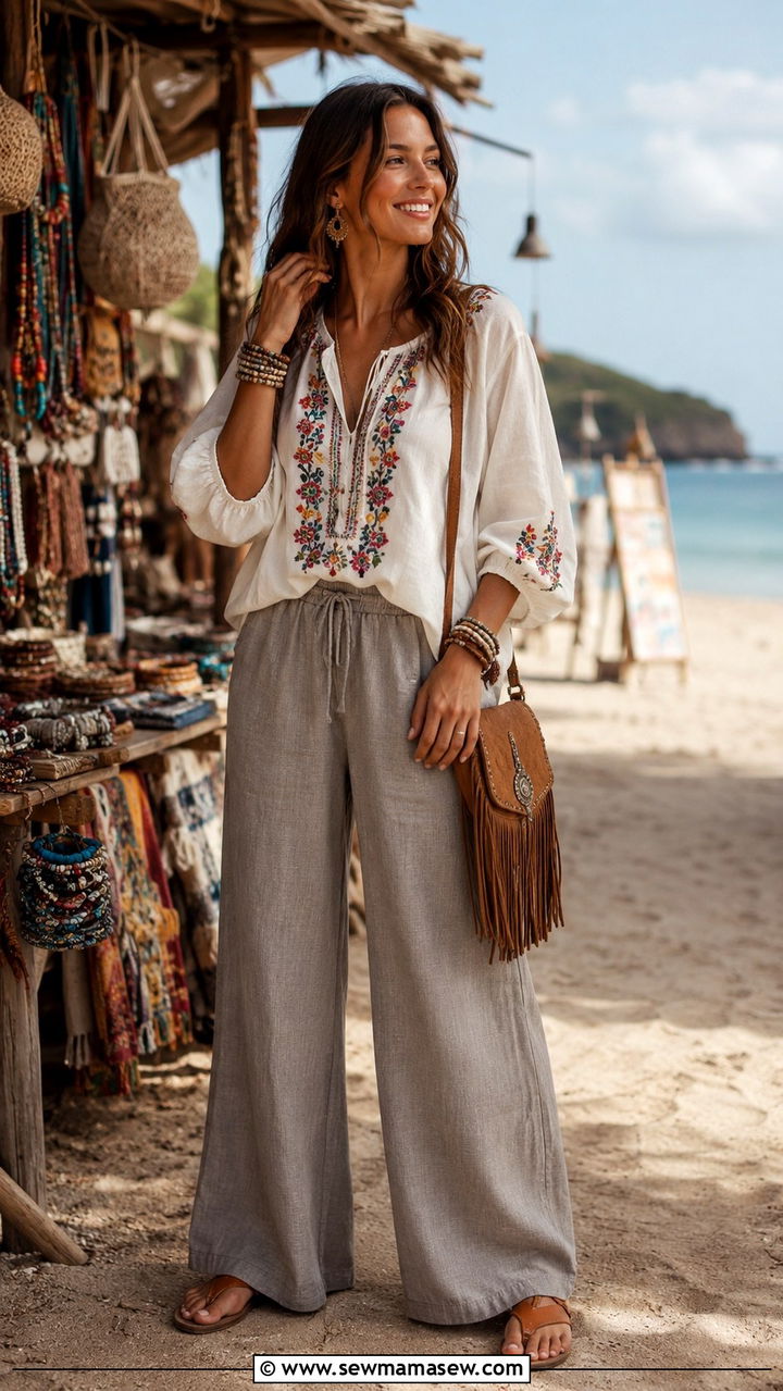 Embroidered Peasant Blouse and Wide Leg Pants Beach Outfit - 25 Beach outfit ideas not a swimsuit