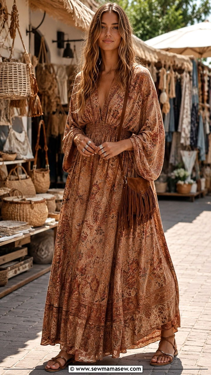 Embroidered Peasant Blouse and Wide Leg Pants with Silver Rings - 25 Boho outfit ideas with silver rings