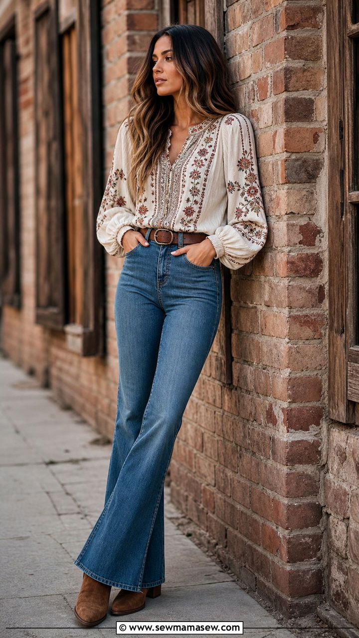 Embroidered Peasant Blouse with High Waisted Jeans - 40 Boho outfit ideas
