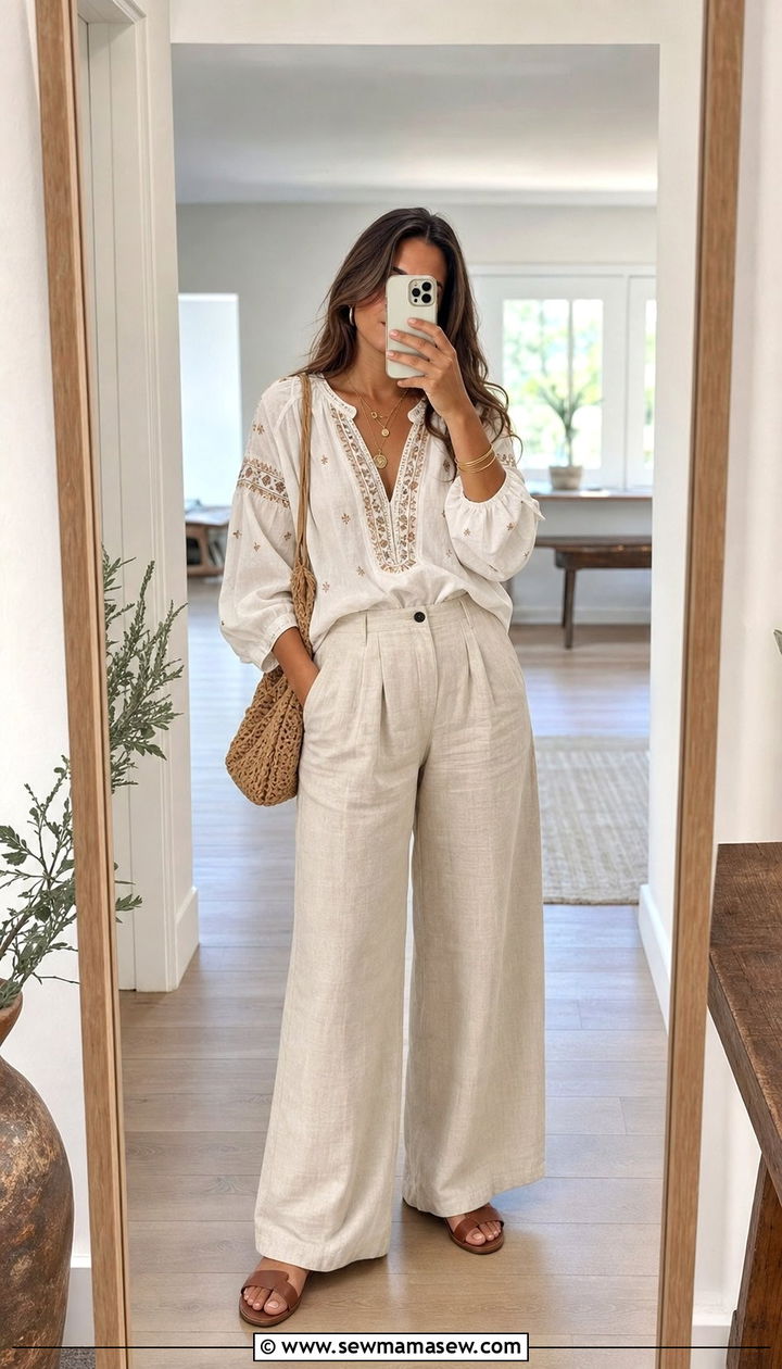 Embroidered Peasant Blouse with Wide Leg Linen Trousers - 35 casual boho outfits