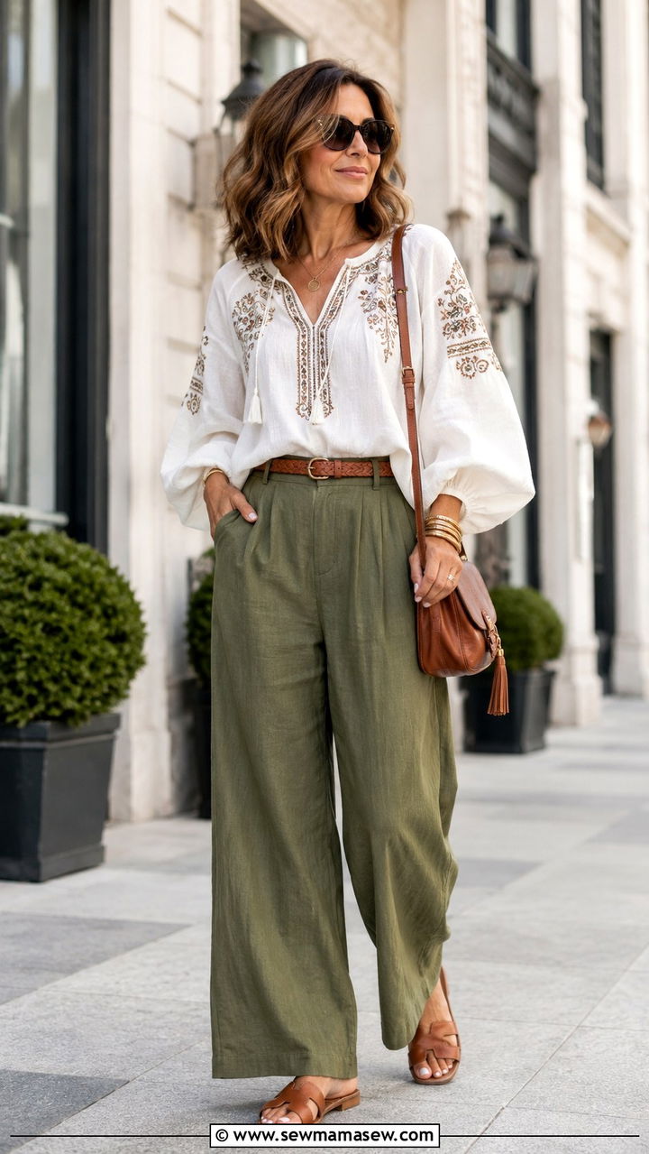 Embroidered Peasant Blouse with Wide Leg Pants Outfit - 30 Boho outfit ideas for women over 40