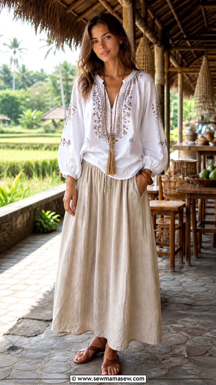 Embroidered Peasant Blouse with a Linen Maxi Skirt - 40 What to wear in Bali