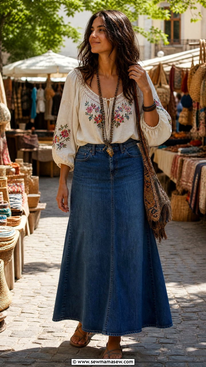 Embroidered Peasant Top With A Denim Maxi Skirt - 25 spring retro summer outfit ideas