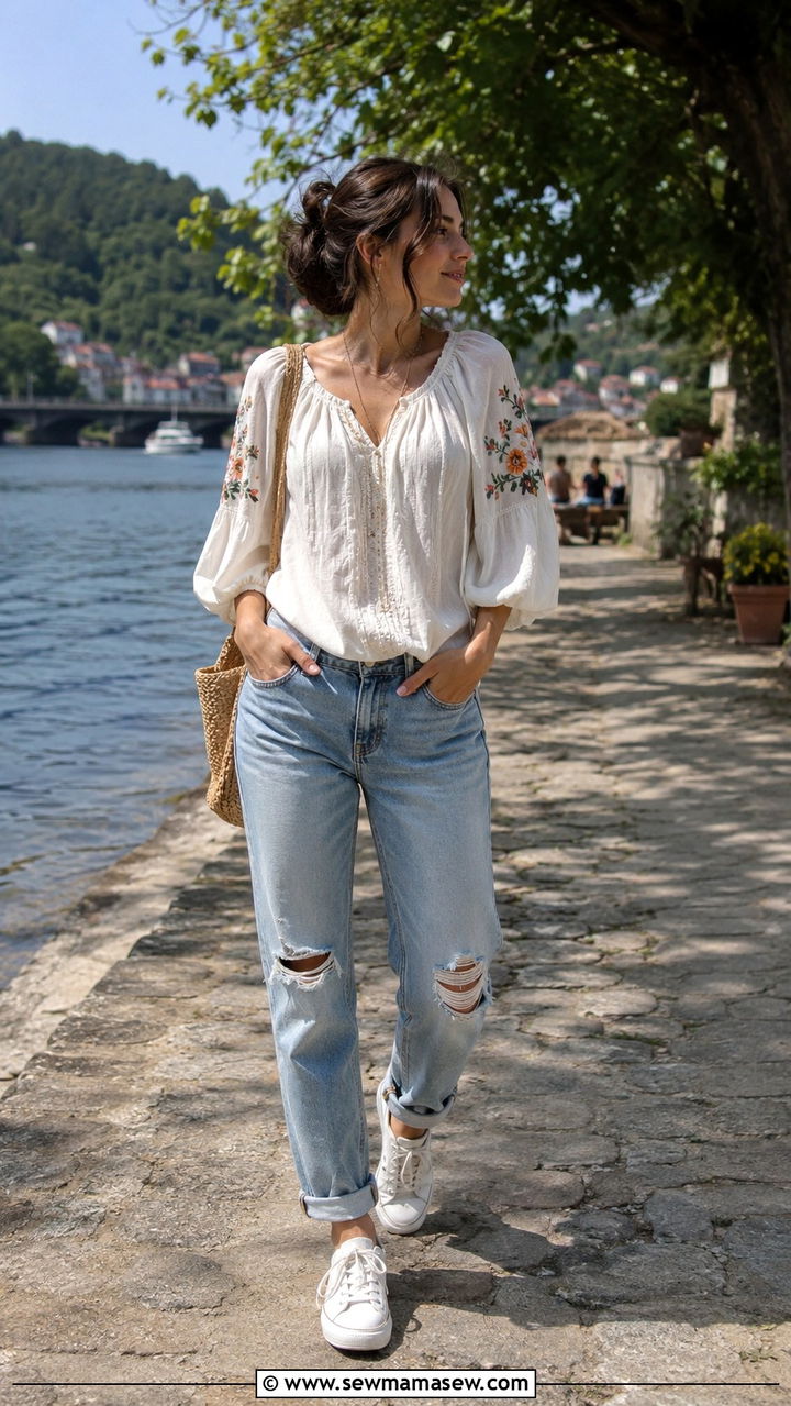 Embroidered Peasant Top With Distressed Boyfriend Jeans - 30 casual poetcore outfits