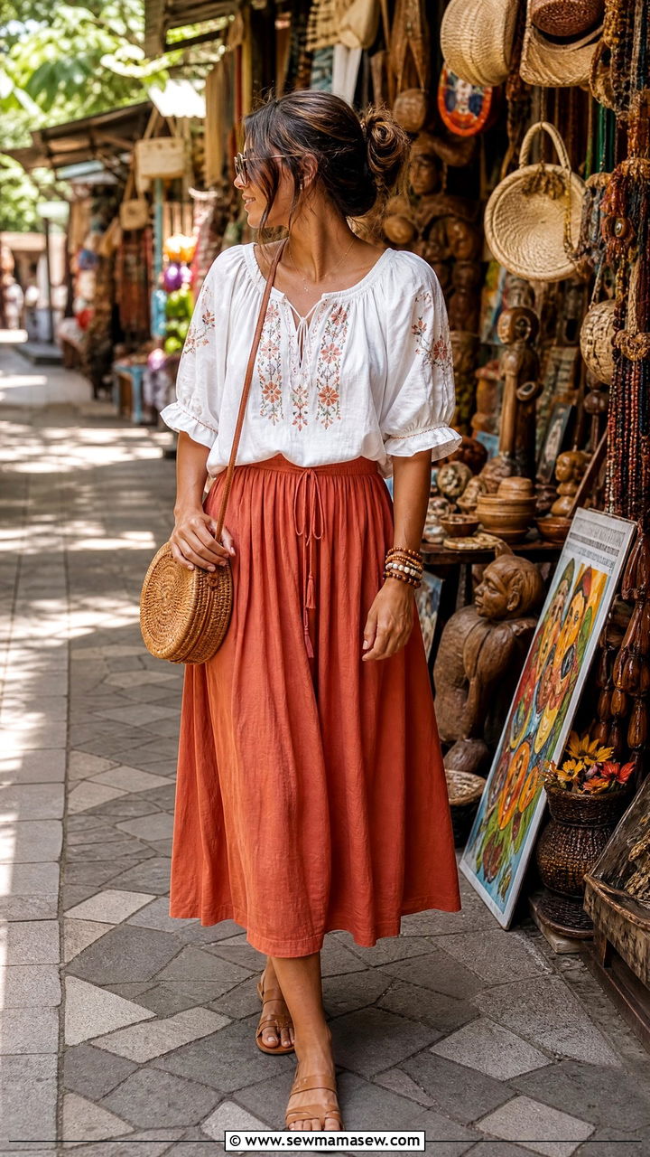 Embroidered Peasant Top With Midi Skirt - 25 Bali spring outfit ideas
