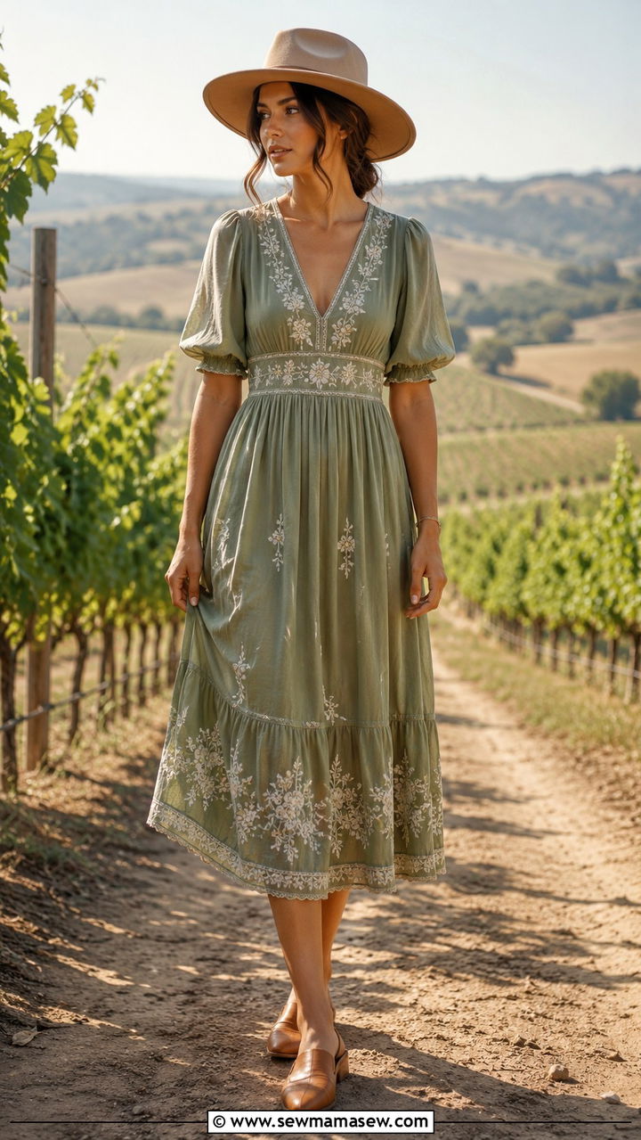 Embroidered Prairie Midi Dress With Flat Mules - 25 Western outfit ideas Taylor Swift country era