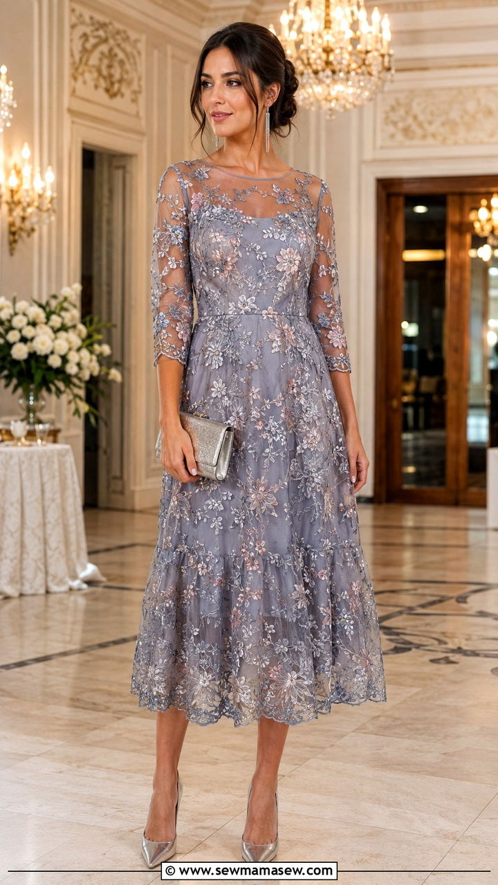 Embroidered Sheer Midi Dress With Silver Heels - 30 chic spring wedding guest outfits for women