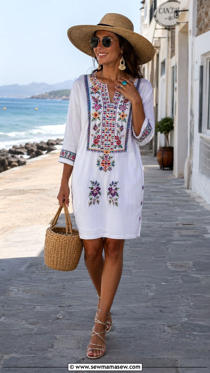Embroidered Shift Dress With Strappy Sandals And Hat - 40 Boho outfit ideas 2026