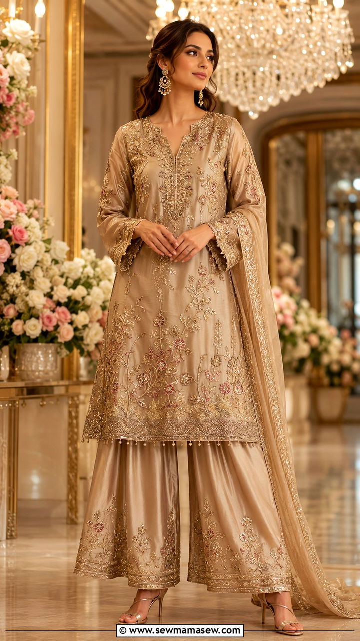 Embroidered Silk Palazzo Matching Set - 30 Palazzo pants matching set outfit ideas