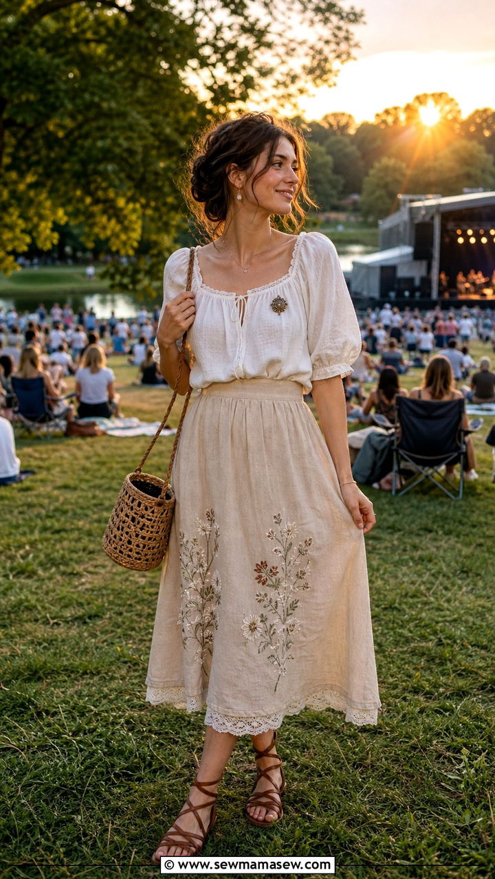 Embroidered Skirt and Lace Trim Blouse - 40 summer cottagecore outfits