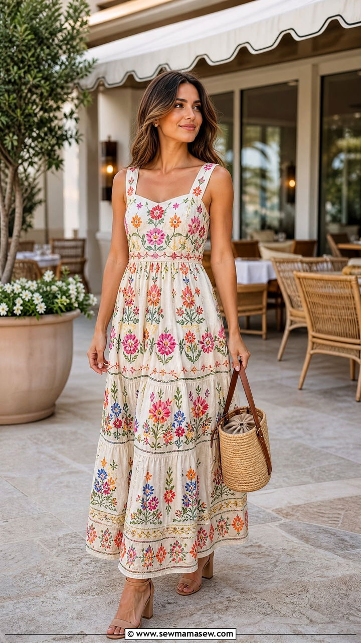Embroidered Sundress With Heeled Sandals - 25 Brunch outfit ideas with a sundress