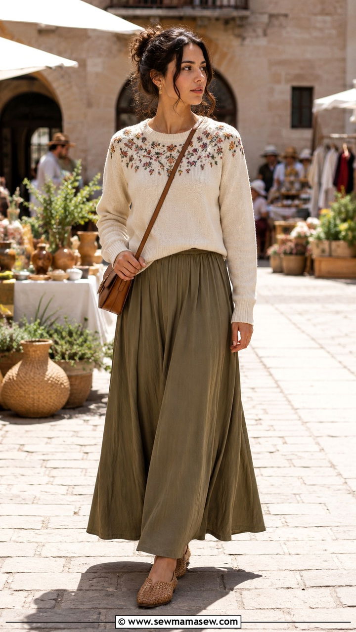 Embroidered Sweater And Maxi Skirt - 30 Maxi skirt outfit ideas with a sweater