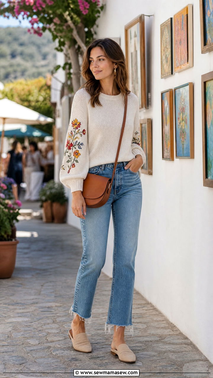 Embroidered Sweater With Raw Hem Jeans - 30 Summer outfits with light sweaters