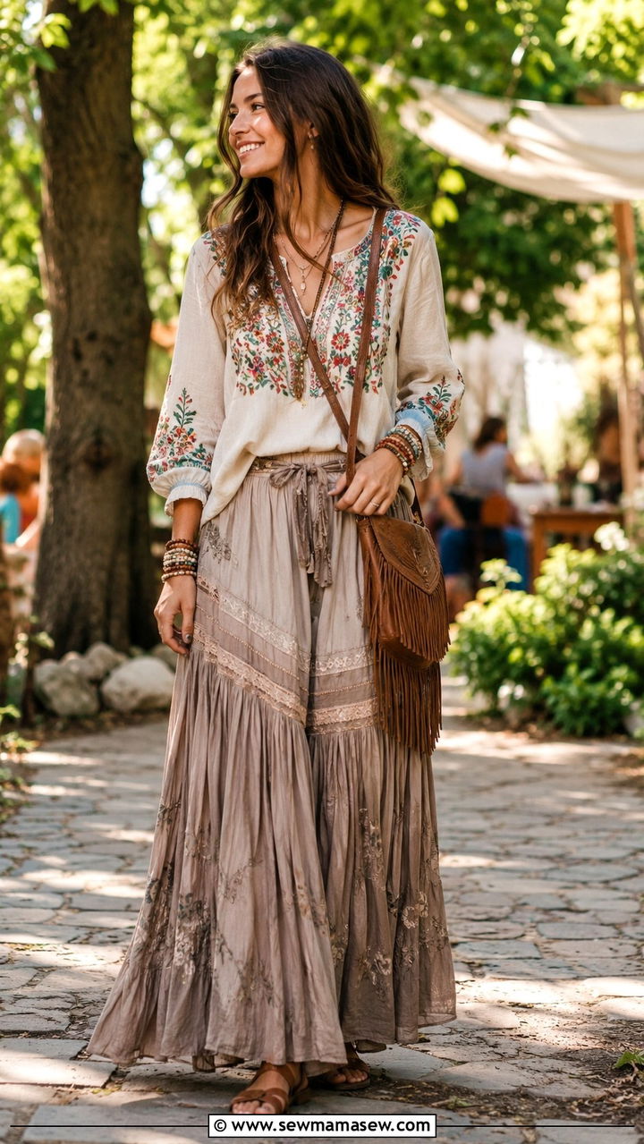 Embroidered Top With Boho Maxi Skirt - 30 Modest outfit ideas with long skirt