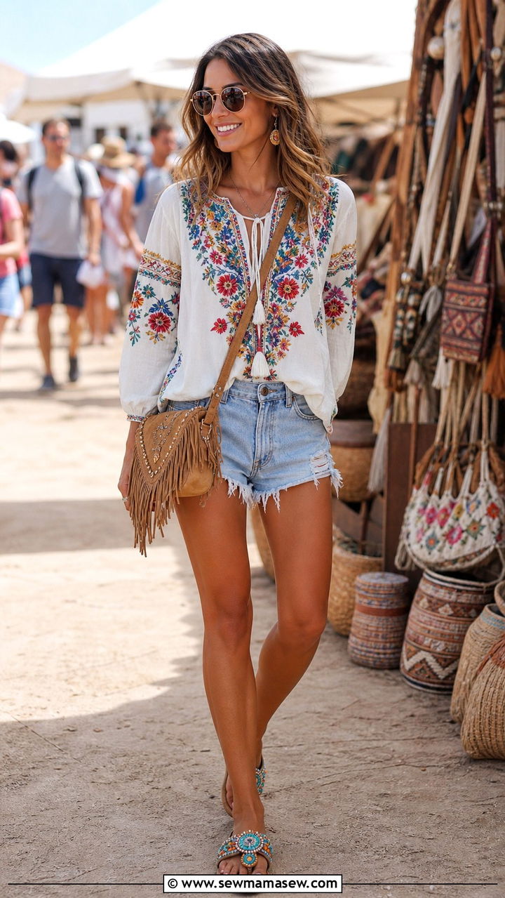 Embroidered Top With Frayed Denim Shorts - 40 Boho summer outfits