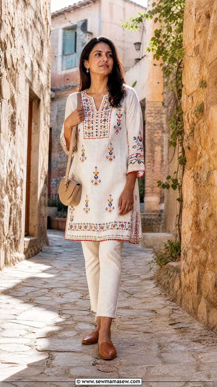 Embroidered Tunic And Flat Mules Outfit - 40 Sharm El Sheikh outfit ideas