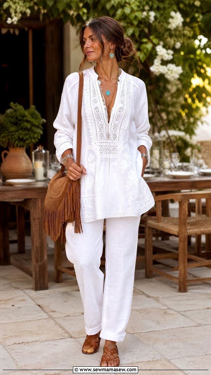 Embroidered Tunic And White Linen Jeans Outfit - 30 summer resort outfit ideas