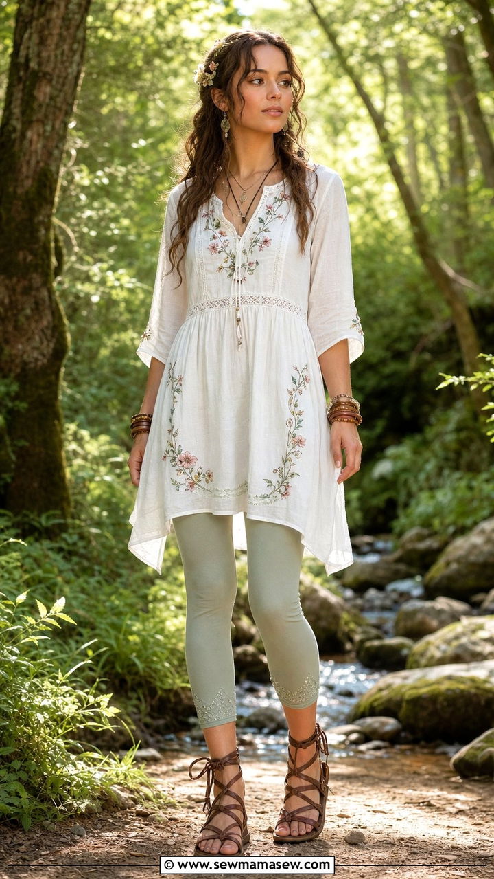 Embroidered Tunic Over Leggings With Gladiator Sandals - 25 summer fairycore outfit ideas