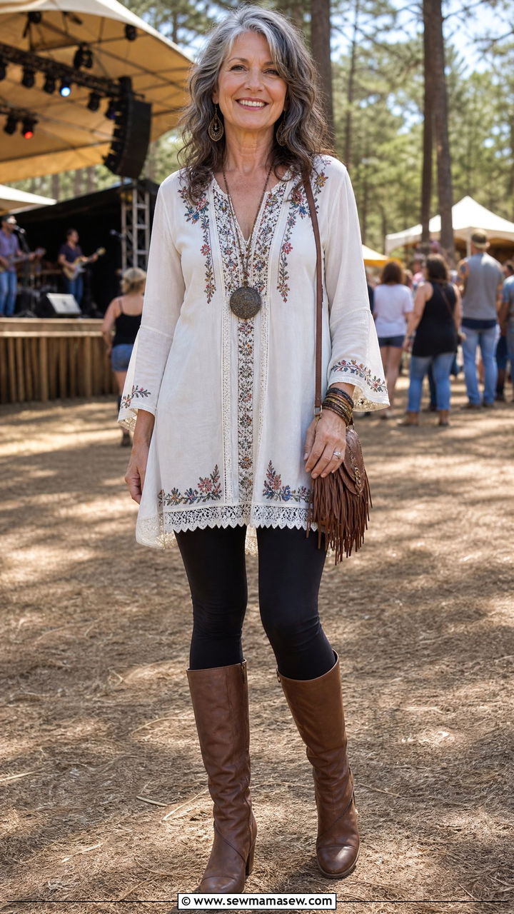 Embroidered Tunic Top with Black Leggings - 30 Concert outfits for women over 50