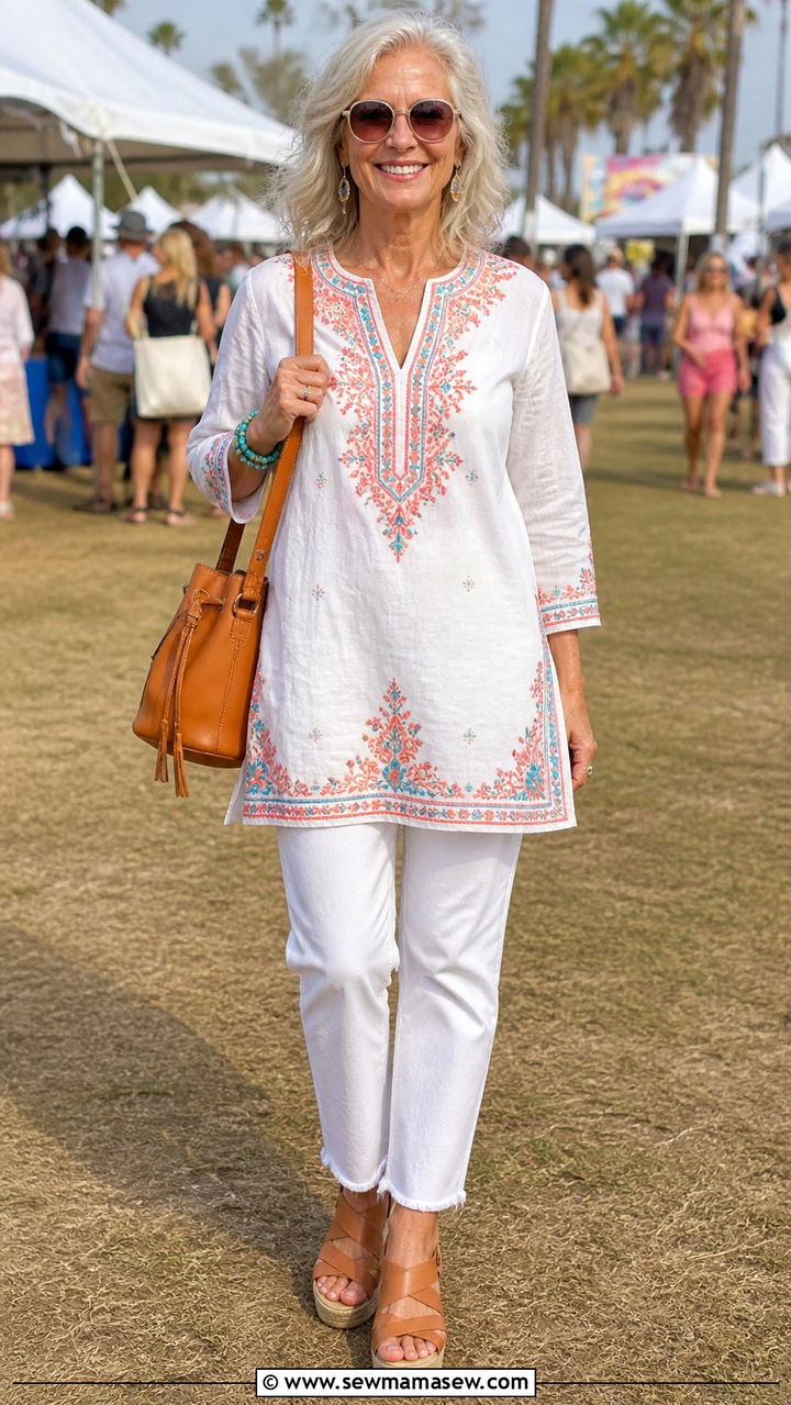 Embroidered Tunic Top with White Jeans Summer Outfit - 40 Summer outfit ideas for women over 60 2026