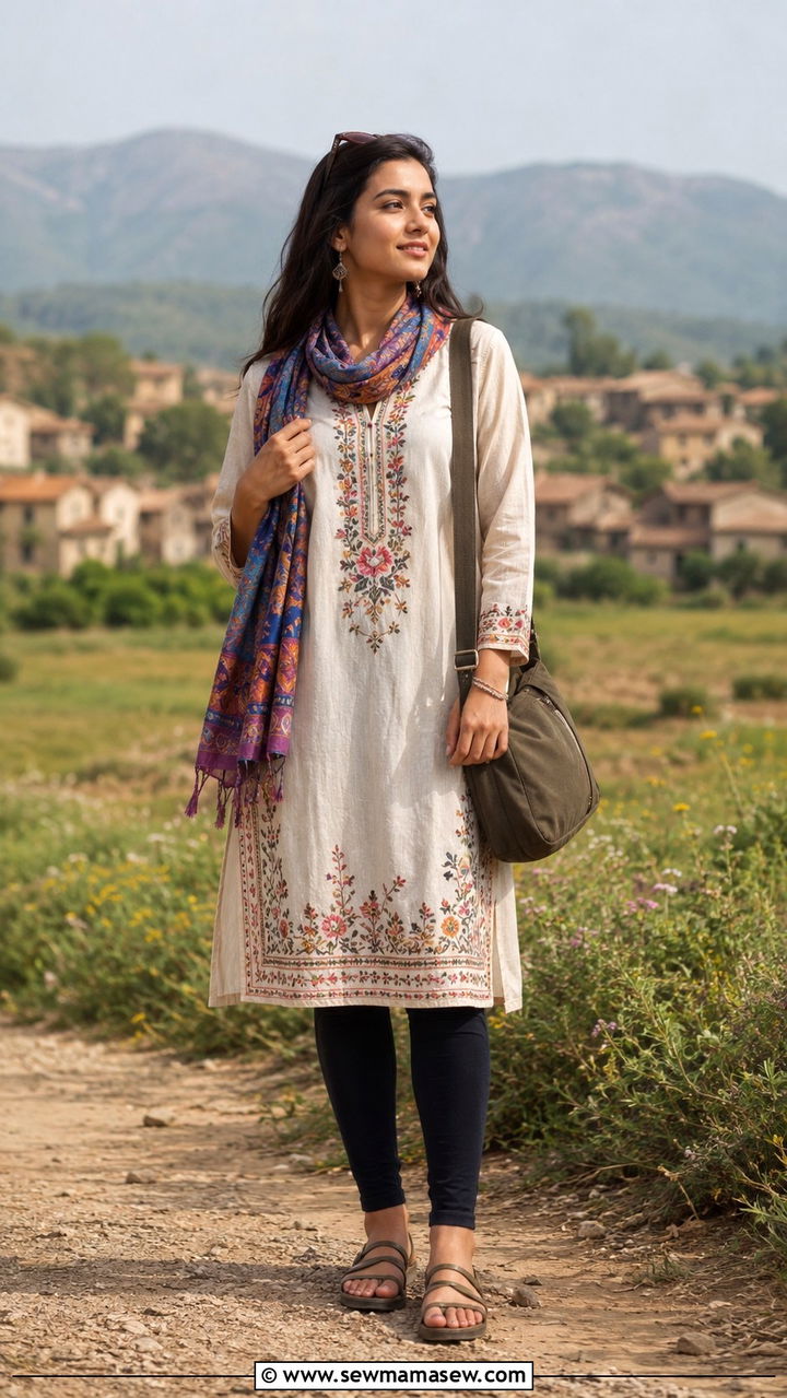 Embroidered Tunic With Cotton Leggings Travel Look - 25 Vacation outfit ideas modest women