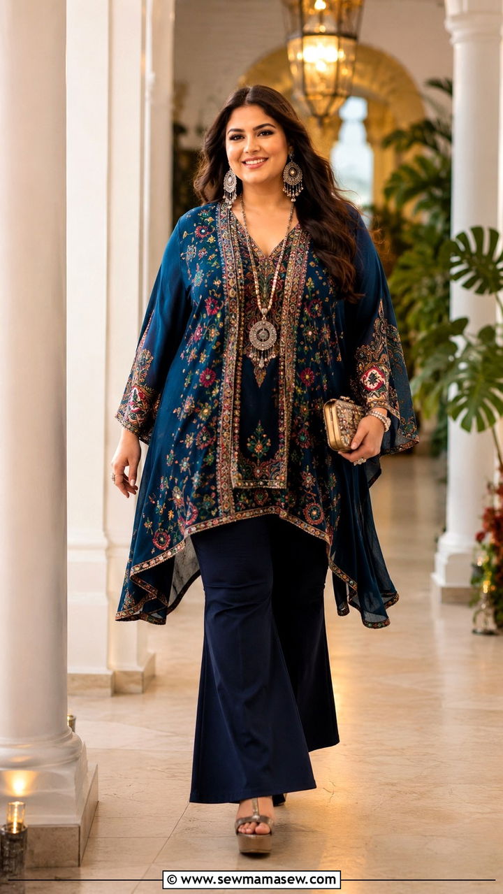 Embroidered Tunic With Flared Pants And Platform Shoes - 25 Plus size outfit ideas boho
