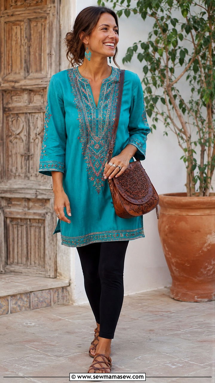 Embroidered Tunic With Leggings And Flat Sandals - 25 Boho outfit ideas with sandals