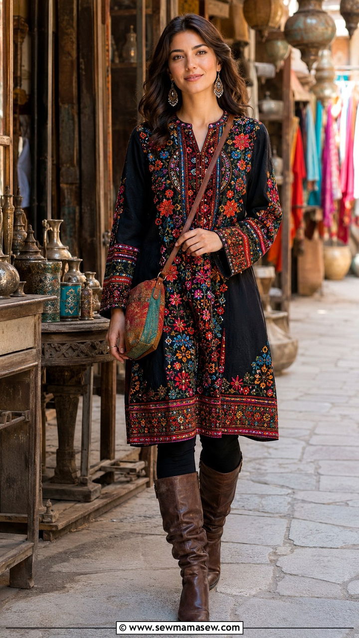 Embroidered Tunic With Leggings And Knee High Boots - 30 Bohemian wardrobe essentials