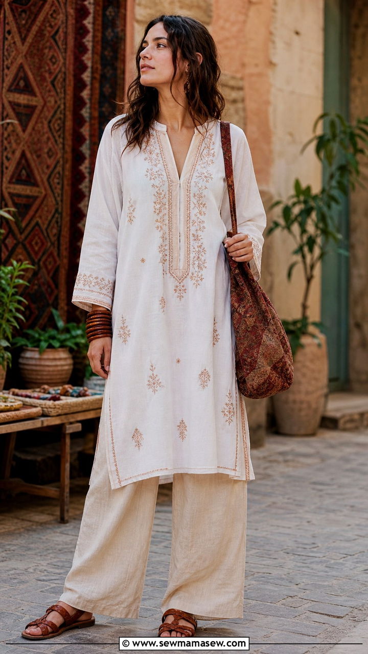 Embroidered Tunic With Linen Trousers - 40 Boho summer outfits