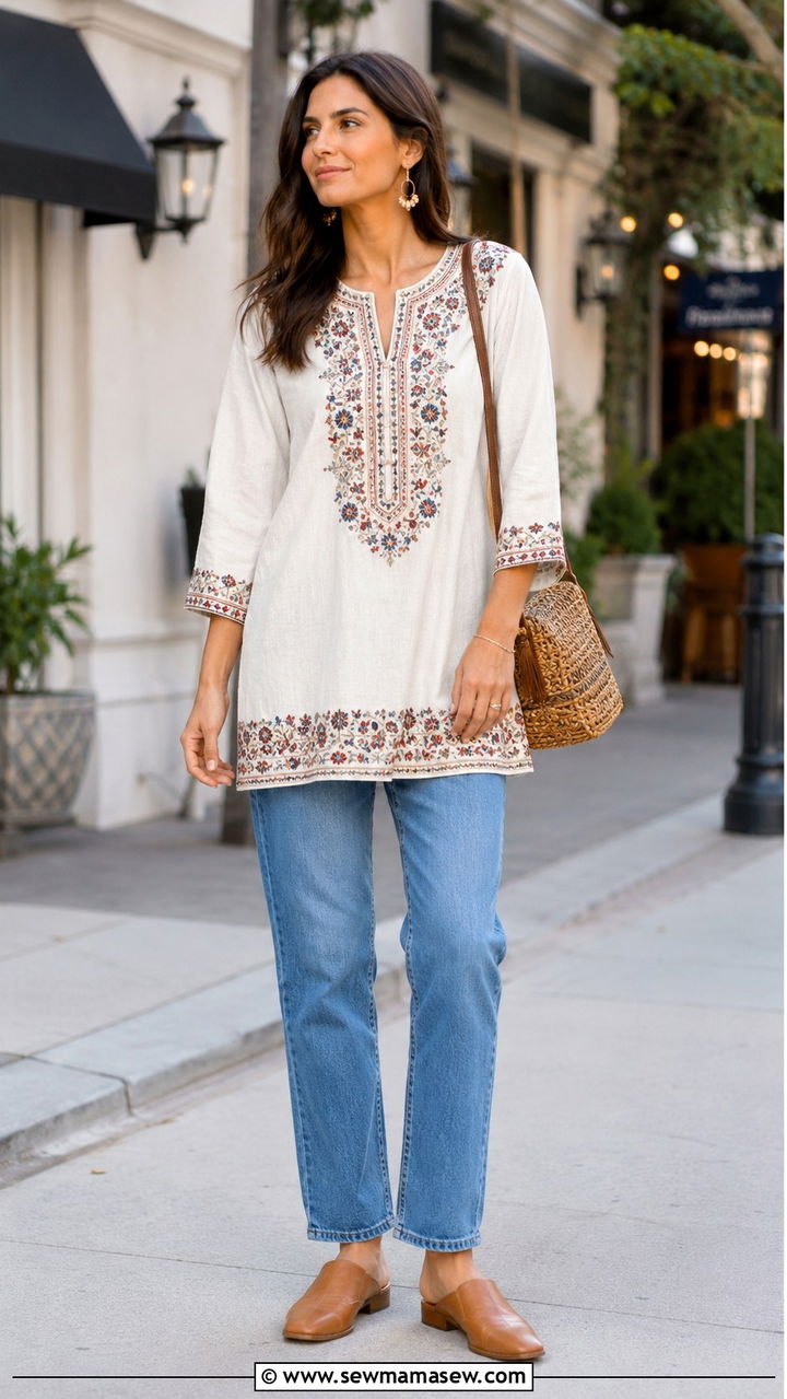 Embroidered Tunic With Straight Leg Jeans - 30 Modest outfit ideas boho