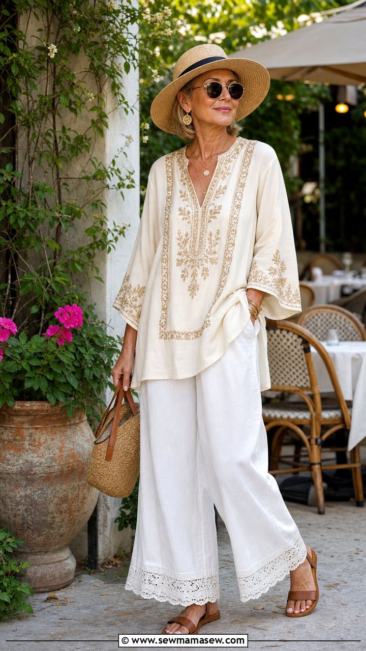 Embroidered Tunic With White Wide Leg Pants Outfit - 35 Brunch outfits for women over 50