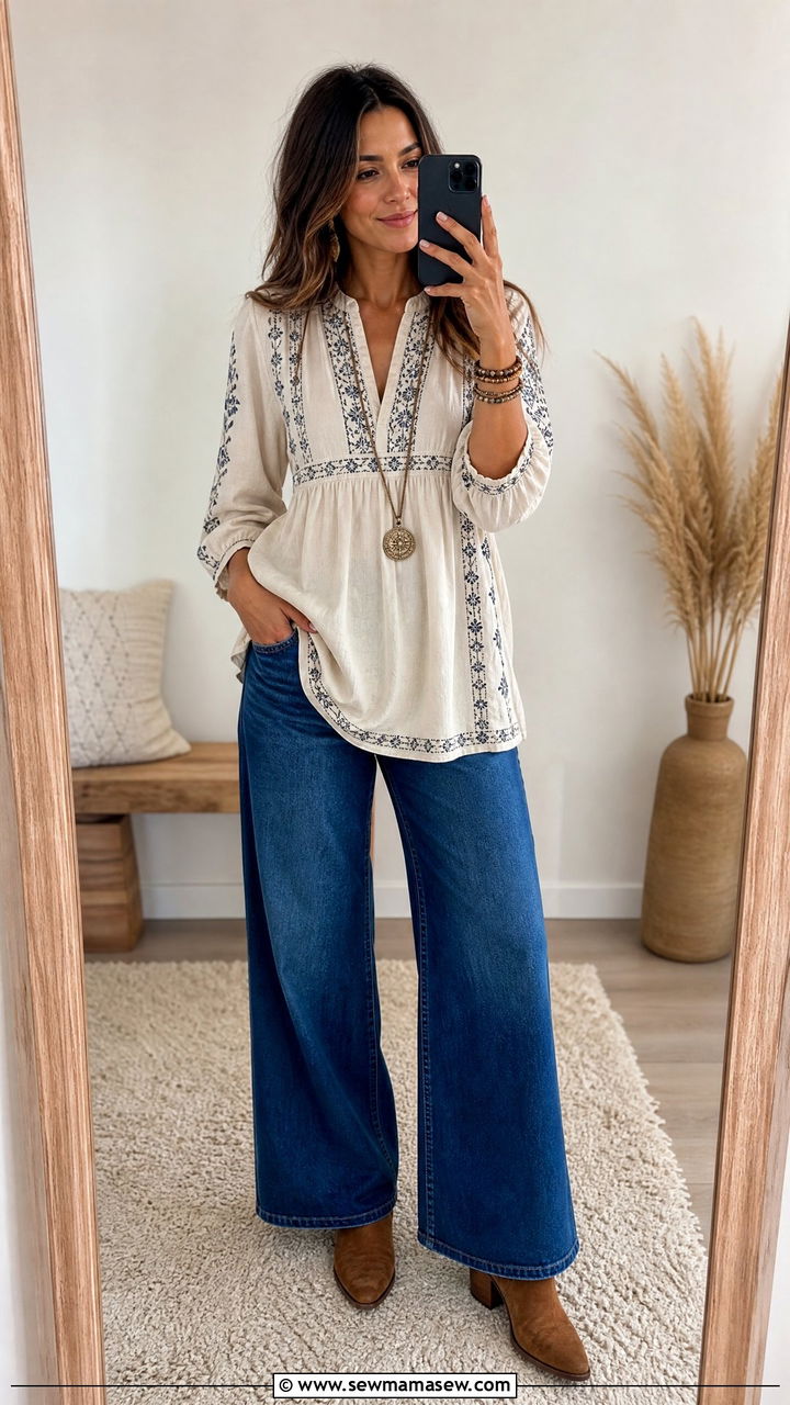 Embroidered Tunic With Wide Leg Jeans - 35 Modern boho outfit ideas