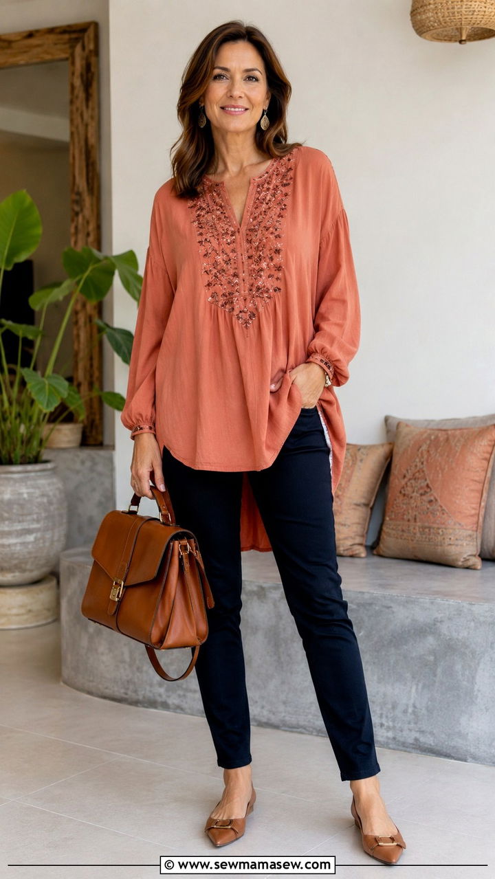 Embroidered Tunic and Slim Fit Pants - 30 boho chic outfit ideas for women over 40