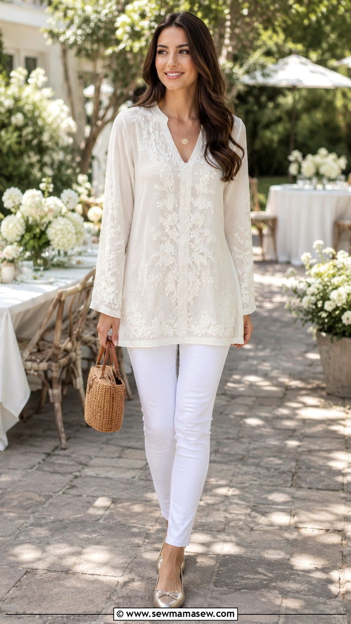 Embroidered Tunic and White Skinny Trousers - 25 modest classy outfits to copy