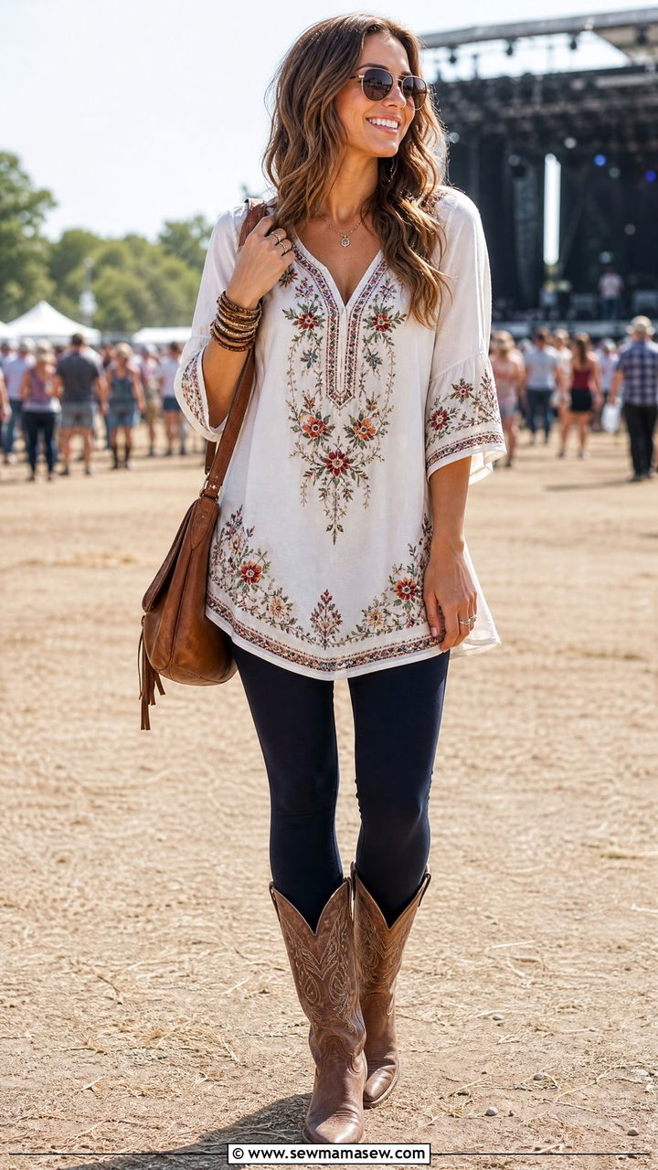 Embroidered Tunic with Leggings and Boots - 30 Country concert outfit ideas spring