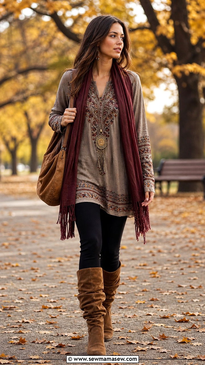 Embroidered Tunic with Leggings and Boots - 40 Boho outfit ideas