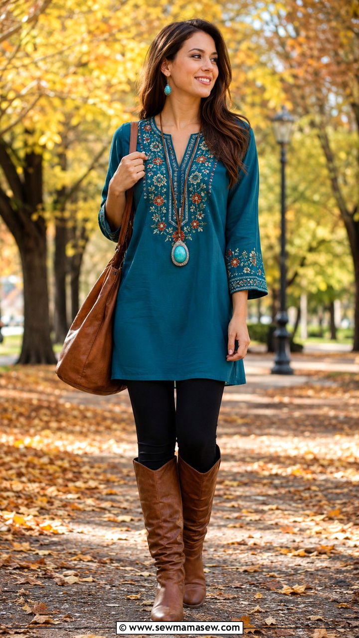 Embroidered Tunic with Leggings and Turquoise Pendant Necklace - 25 Boho outfit ideas with turquoise jewelry